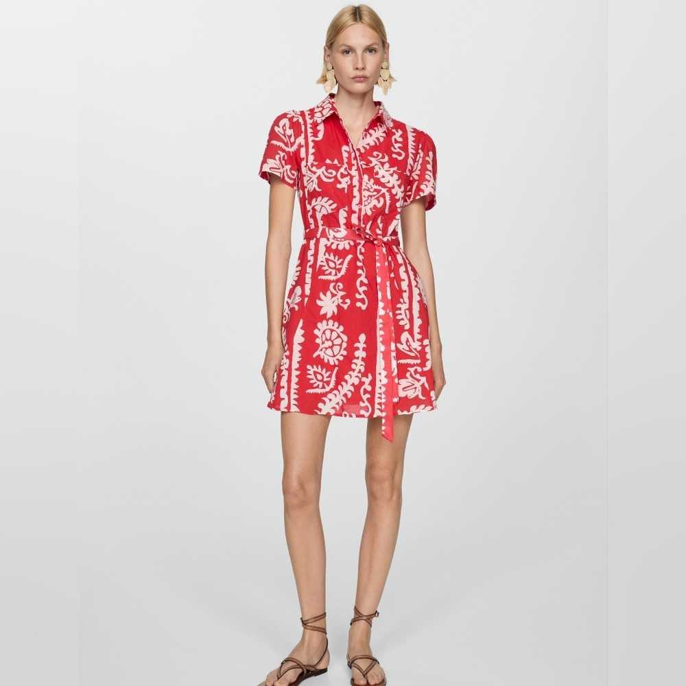 Mango Coral Red Printed Bow Mini Dress